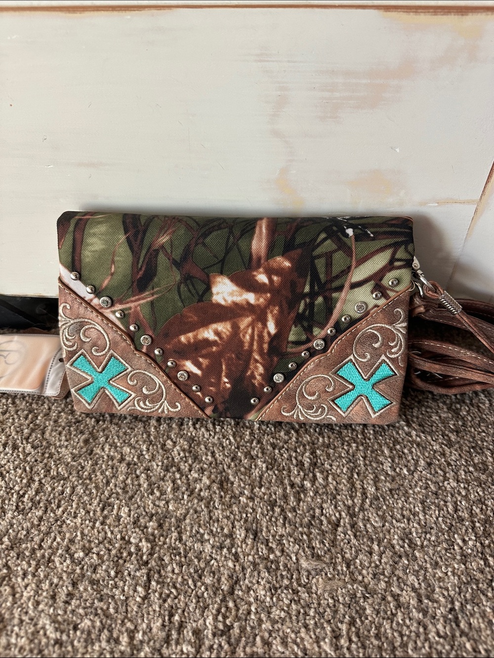 Camouflage Fold-Over Wristlet Clutch with Turquoise Cross Accents